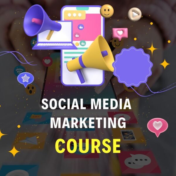 Social Media Marketing Course promotional banner with digital icons and megaphone graphics – Learn Facebook, Instagram, and online branding skills